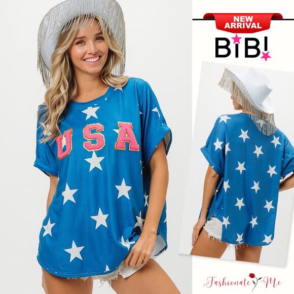 BiBi Fourth Of July Star Print with USA Patch Short Sleeves Knit T-Shirt | Blue - Picture 1 of 6